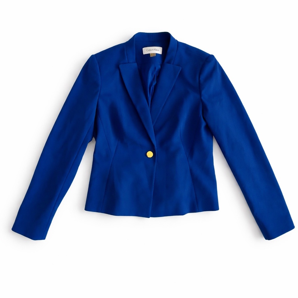 Calvin Klein Cobalt Blue Tailored Blazer Gold Button Career Jacket
